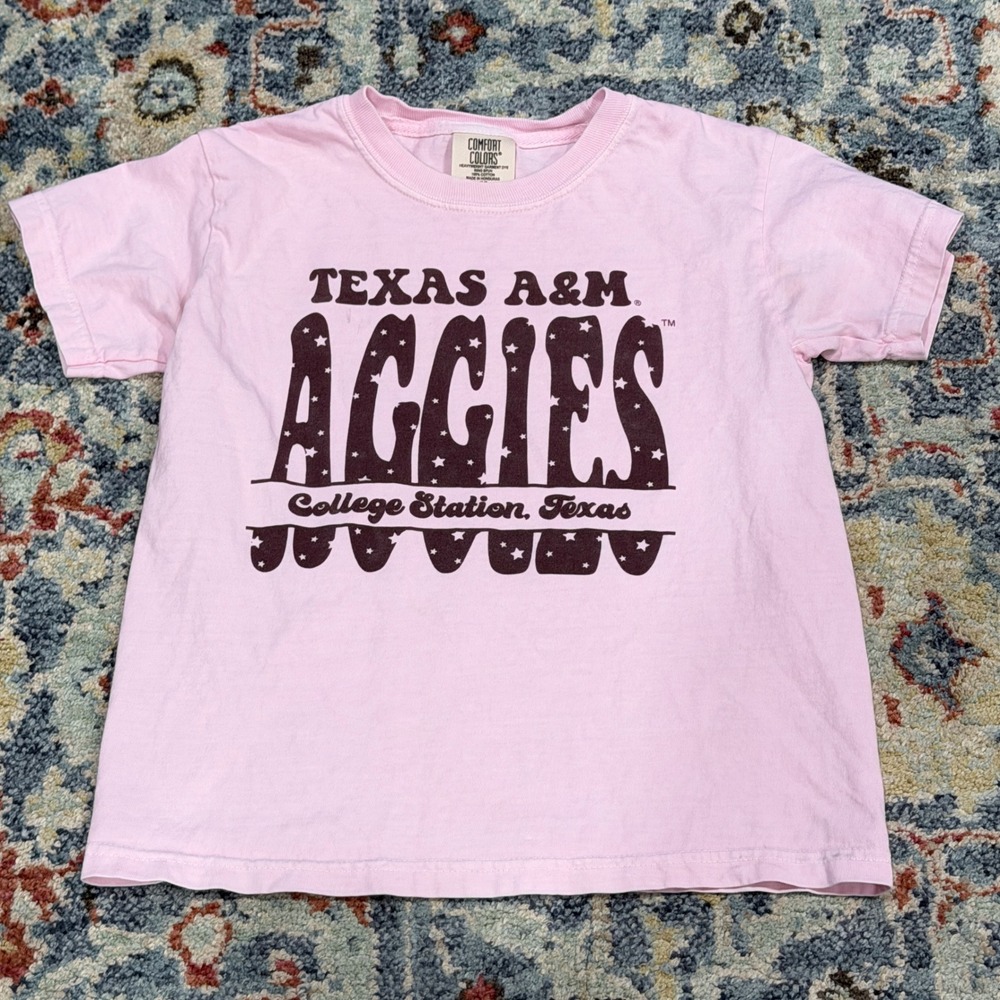 Comfort Colors Tee Girls M Pink Texas A&M Aggies Graphic Gameday EUC